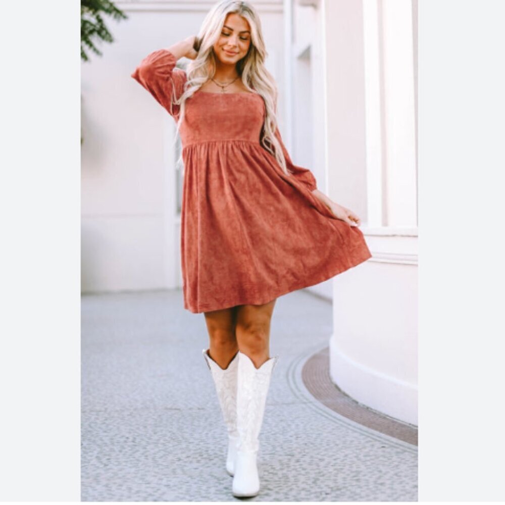 Boutique Rust Orange Suede Square Neck Puff Long Sleeve Mini Dress S